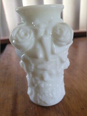 EAPG Opaque White Milk Glass Vase With Puffy Roses (116)
